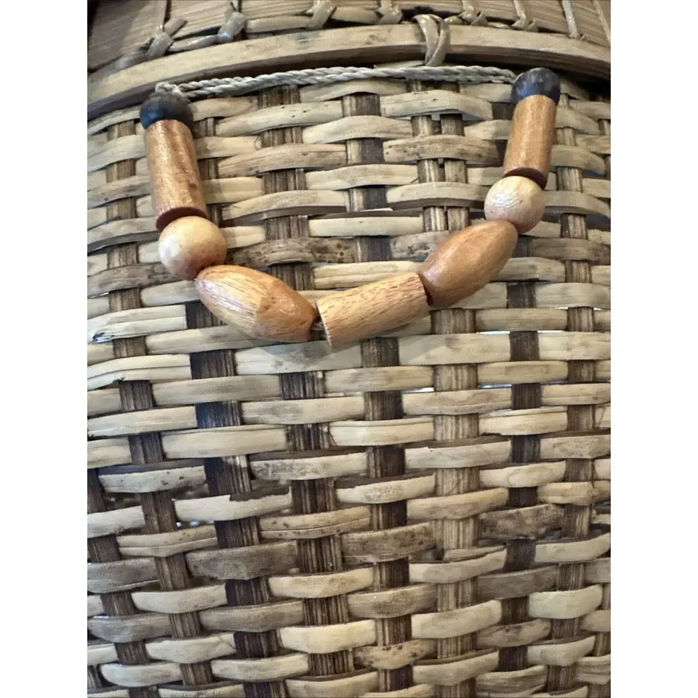 Round Vintage Southeast Asian Handwoven Bamboo Basket 12” X 7” With Handles